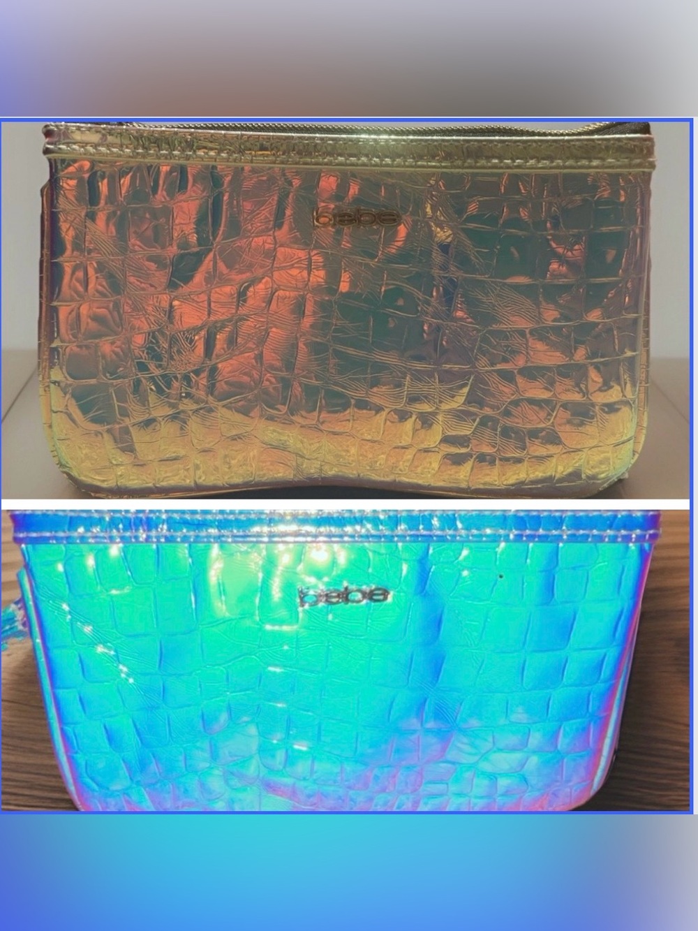 Bebe iridescent holo faux crocodile wristlet